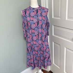 Simply Southern Floral Pink Blue Cold Shoulder Knee Length Dress Large